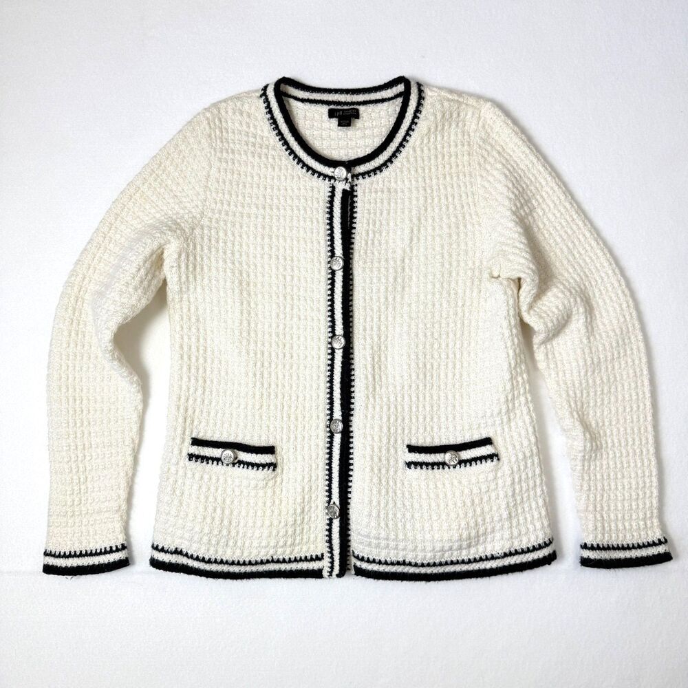 J. Jill Wearever Ivory Waffle Knit Cardigan Jacket XSP Black Trim Crest Buttons